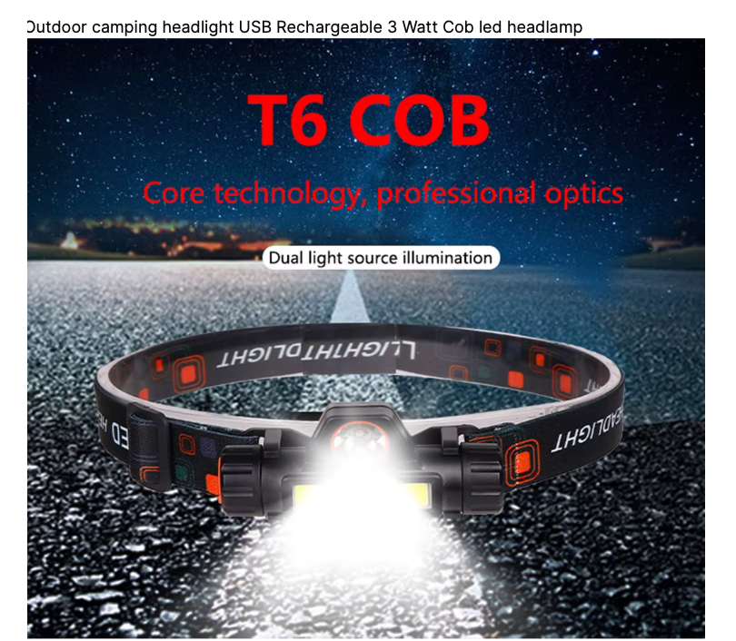 Oplaadbare hoofdlamp voor outdoor en camping – USB, 3W COB LED