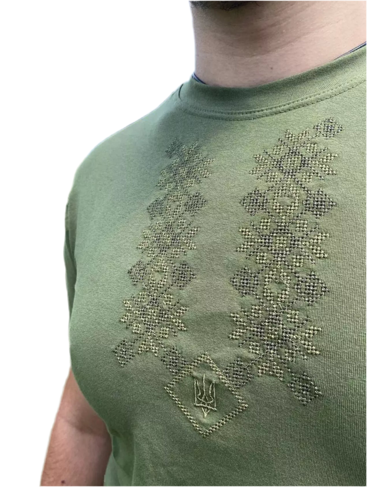 Militairgroen T-shirt met Oekraïens borduursel & Tryzub