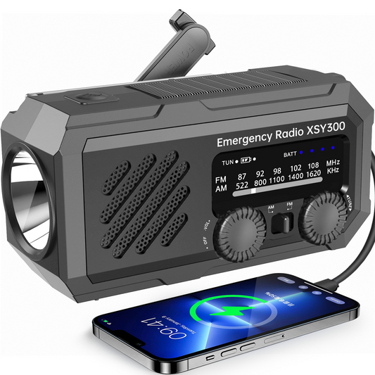 📻 Oplaadbare noodradio met zonne-energie, handcrank, zaklamp en powerbank (2000 mAh)