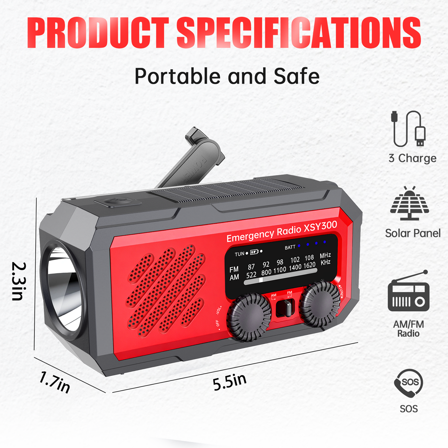 📻 Oplaadbare noodradio met zonne-energie, handcrank, zaklamp en powerbank (2000 mAh)