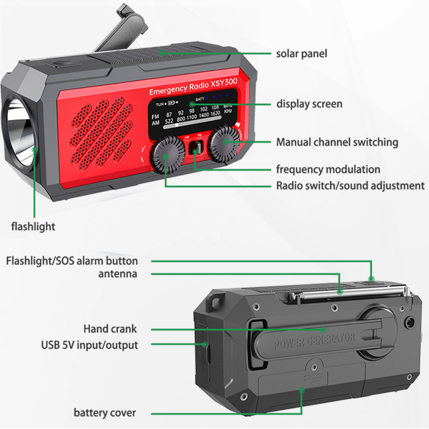 📻 Oplaadbare noodradio met zonne-energie, handcrank, zaklamp en powerbank (2000 mAh)