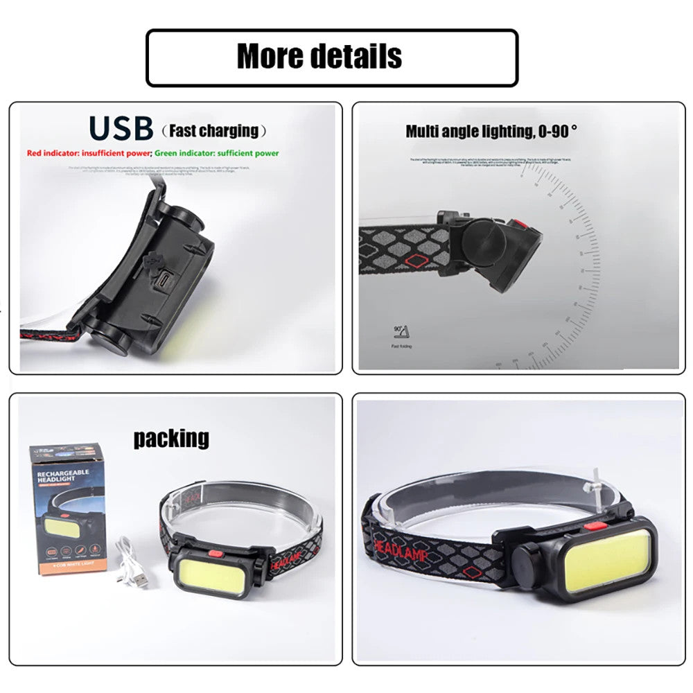 Rechargeable LED headlamp for camping, repair, emergency use